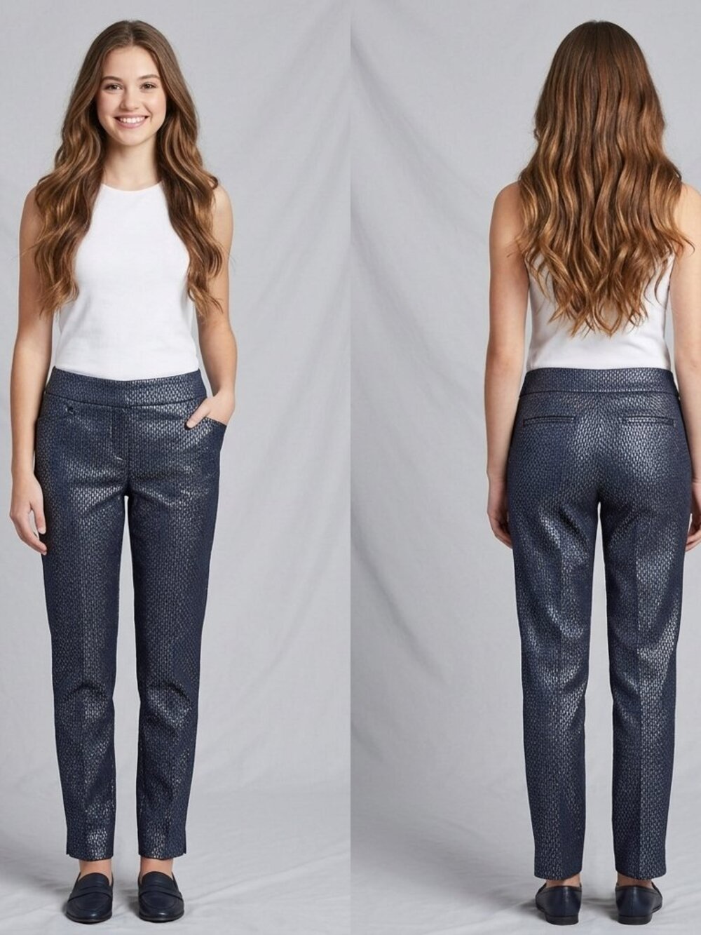 Chico's Blue Metallic Geometric Jacquard or Honeycomb Ankle Pants Size 2 / US 12